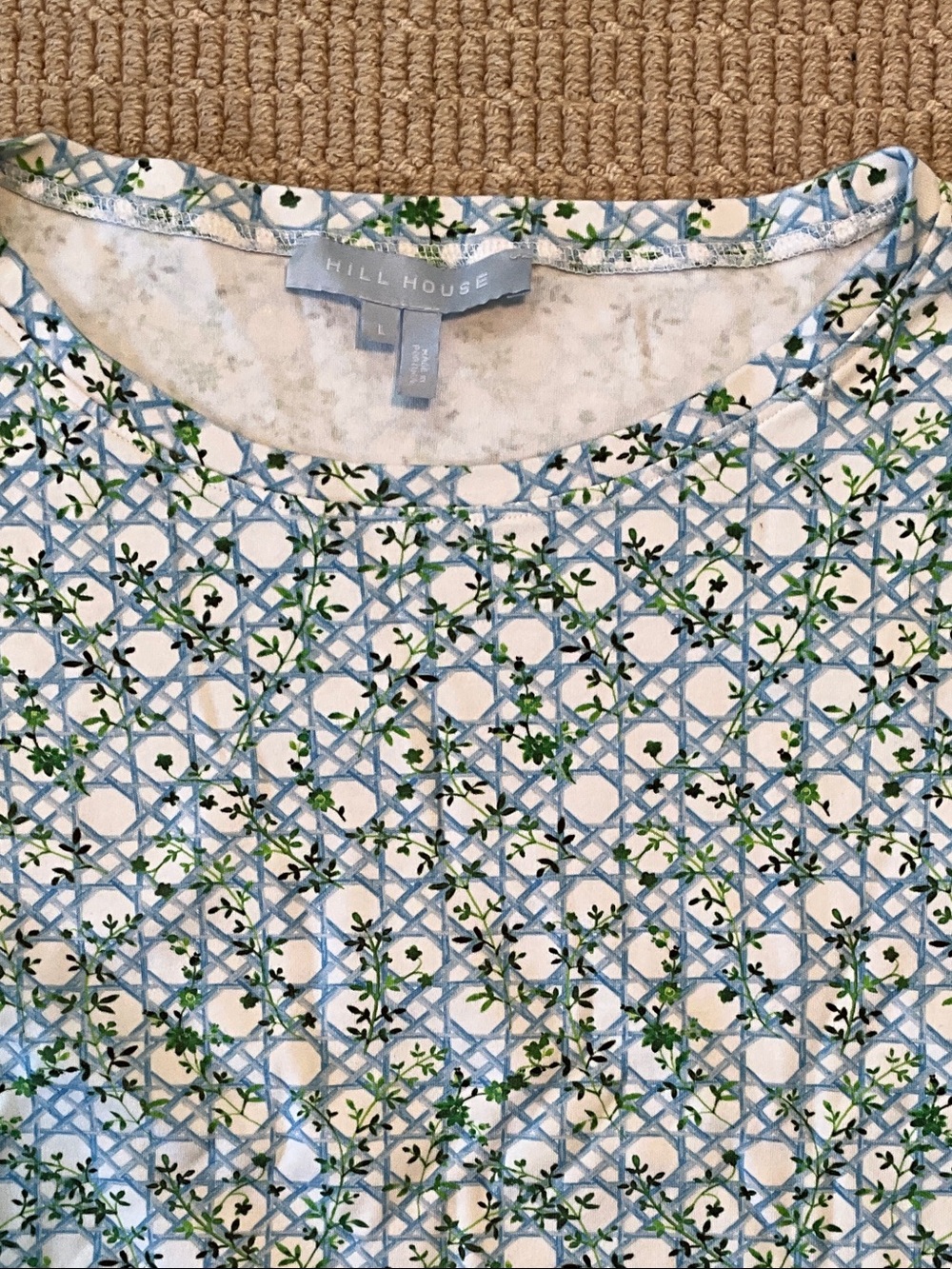 Hill House White Top with Blue Lattice and Green Ivy Print